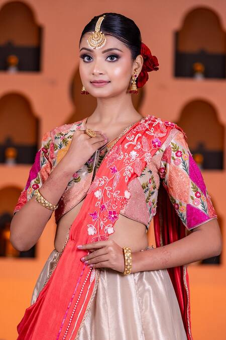 Nidhi Kejriwal Pink Silk, Tissue Pearls, Sequins, Embroidery V-neck Floral Vine Lehenga Set at Aza Fashions Nidhi Kejriwal_Pink Silk, Tissue Pearls, Sequins, Embroidery V-neck Floral Vine Lehenga Set _at_Aza_Fashions