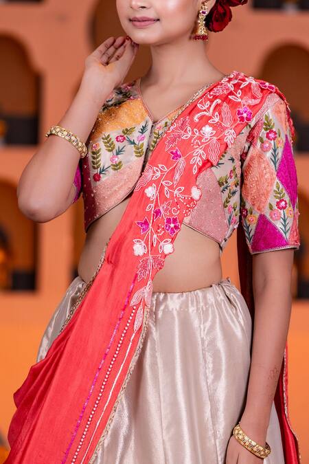 Buy Nidhi Kejriwal Pink Silk, Tissue Pearls, Sequins, Embroidery V-neck Floral Vine Lehenga Set Buy_Nidhi Kejriwal_Pink Silk, Tissue Pearls, Sequins, Embroidery V-neck Floral Vine Lehenga Set