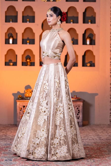 Nidhi Kejriwal Gold Tissue, Brocade Cut Work, Sequins, Pearls, Floral Vine Lehenga Set Online at Aza Fashions Nidhi Kejriwal_Gold Tissue, Brocade Cut Work, Sequins, Pearls, Floral Vine Lehenga Set _Online_at_Aza_Fashions