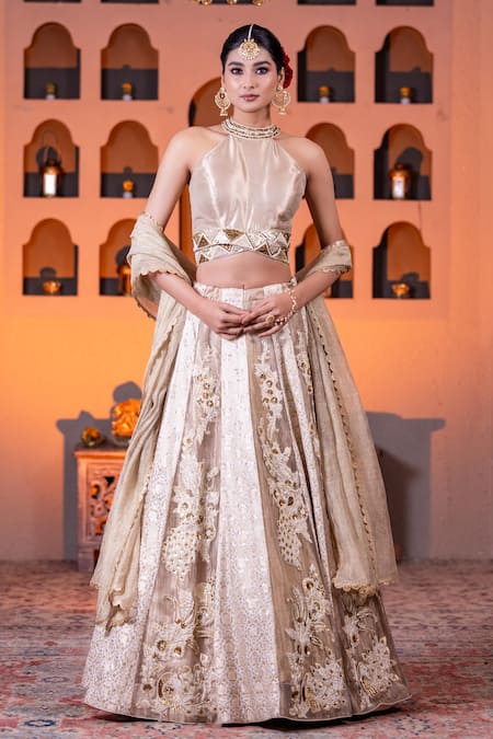 Buy Nidhi Kejriwal Gold Tissue, Brocade Cut Work, Sequins, Pearls, Floral Vine Lehenga Set Buy_Nidhi Kejriwal_Gold Tissue, Brocade Cut Work, Sequins, Pearls, Floral Vine Lehenga Set