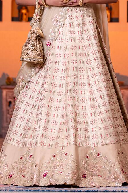Shop_Nidhi Kejriwal_Beige Silk, Organza, Brocade Paisley, Thread, Bead, Woven Patterned Lehenga Set_Online_at_Aza_Fashions