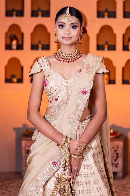 Nidhi Kejriwal_Beige Silk, Organza, Brocade Paisley, Thread, Bead, Woven Patterned Lehenga Set_at_Aza_Fashions