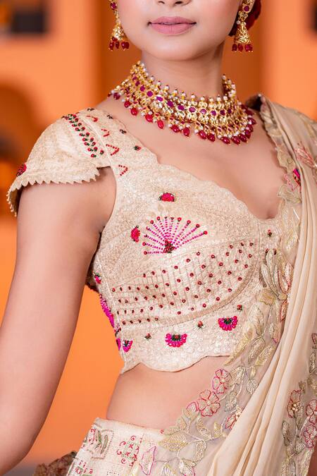 Buy_Nidhi Kejriwal_Beige Silk, Organza, Brocade Paisley, Thread, Bead, Woven Patterned Lehenga Set