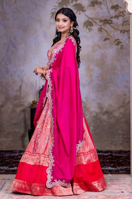 Nidhi Kejriwal_Magenta Silk, Brocade Sequins, Embroidery Square Woven Floral Vine Lehenga Set _Online_at_Aza_Fashions