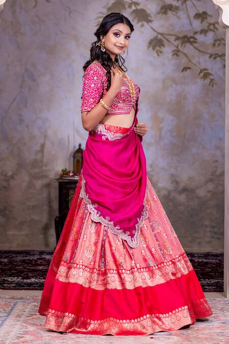 Buy_Nidhi Kejriwal_Magenta Silk, Brocade Sequins, Embroidery Square Woven Floral Vine Lehenga Set _Online_at_Aza_Fashions