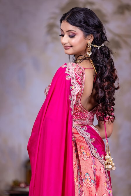 Shop_Nidhi Kejriwal_Magenta Silk, Brocade Sequins, Embroidery Square Woven Floral Vine Lehenga Set _Online_at_Aza_Fashions