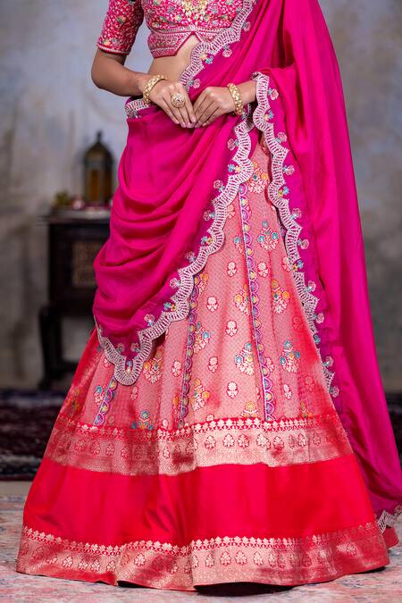 Nidhi Kejriwal_Magenta Silk, Brocade Sequins, Embroidery Square Woven Floral Vine Lehenga Set _at_Aza_Fashions