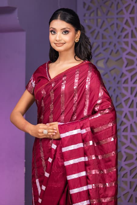 Nidhi Kejriwal Wine Silk, Crepe Sequins Round Neck Embellished Saree Set Online at Aza Fashions Nidhi Kejriwal_Wine Silk, Crepe Sequins Round Neck Embellished Saree Set _Online_at_Aza_Fashions