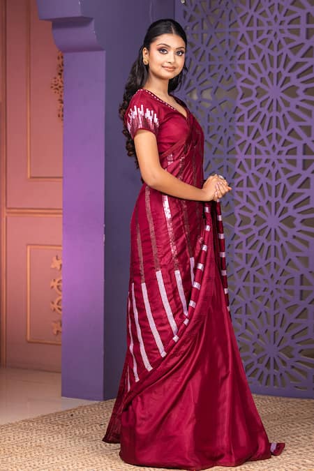 Buy Nidhi Kejriwal Wine Silk, Crepe Sequins Round Neck Embellished Saree Set Online at Aza Fashions Buy_Nidhi Kejriwal_Wine Silk, Crepe Sequins Round Neck Embellished Saree Set _Online_at_Aza_Fashions