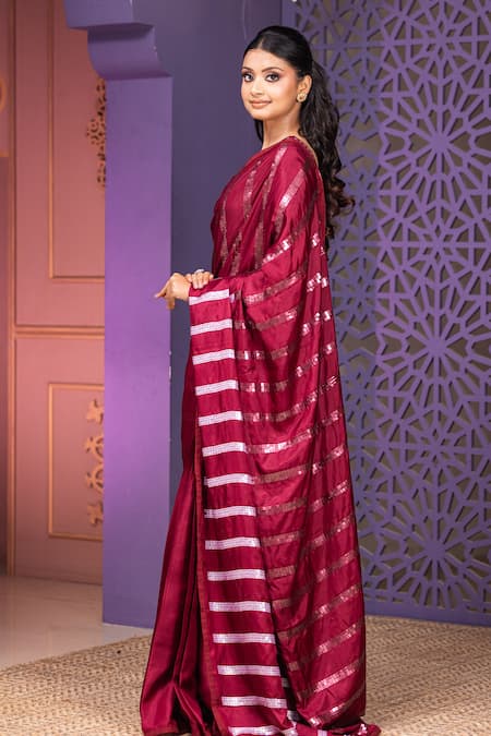 Shop Nidhi Kejriwal Wine Silk, Crepe Sequins Round Neck Embellished Saree Set Online at Aza Fashions Shop_Nidhi Kejriwal_Wine Silk, Crepe Sequins Round Neck Embellished Saree Set _Online_at_Aza_Fashions