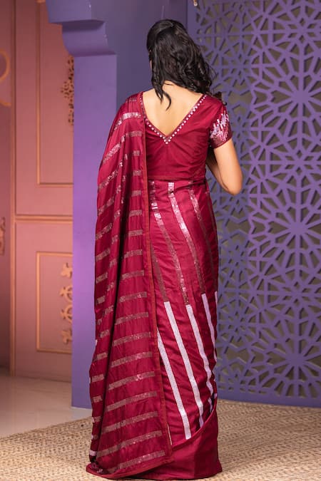 Shop Nidhi Kejriwal Wine Silk, Crepe Sequins Round Neck Embellished Saree Set at Aza Fashions Shop_Nidhi Kejriwal_Wine Silk, Crepe Sequins Round Neck Embellished Saree Set _at_Aza_Fashions