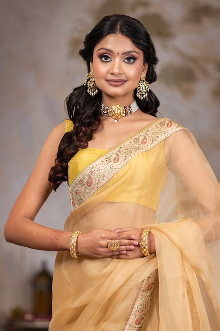 Buy Nidhi Kejriwal Beige Organza, Brocade Embroidery Square Neck, Collared Paisley Border Saree Set Online at Aza Fashions Buy_Nidhi Kejriwal_Beige Organza, Brocade Embroidery Square Neck, Collared Paisley Border Saree Set _Online_at_Aza_Fashions