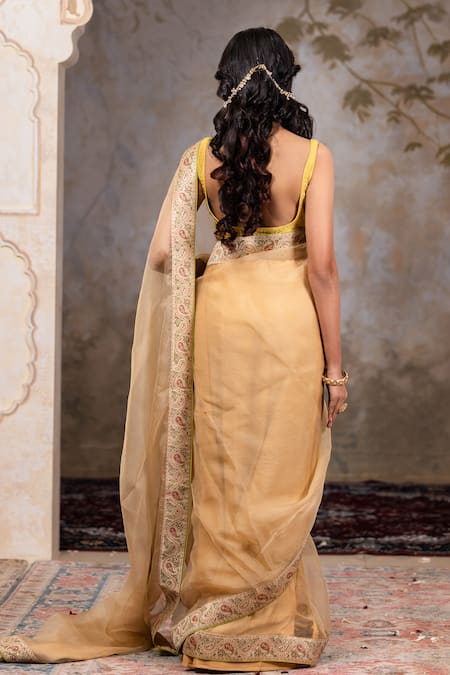 Shop Nidhi Kejriwal Beige Organza, Brocade Embroidery Square Neck, Collared Paisley Border Saree Set at Aza Fashions Shop_Nidhi Kejriwal_Beige Organza, Brocade Embroidery Square Neck, Collared Paisley Border Saree Set _at_Aza_Fashions