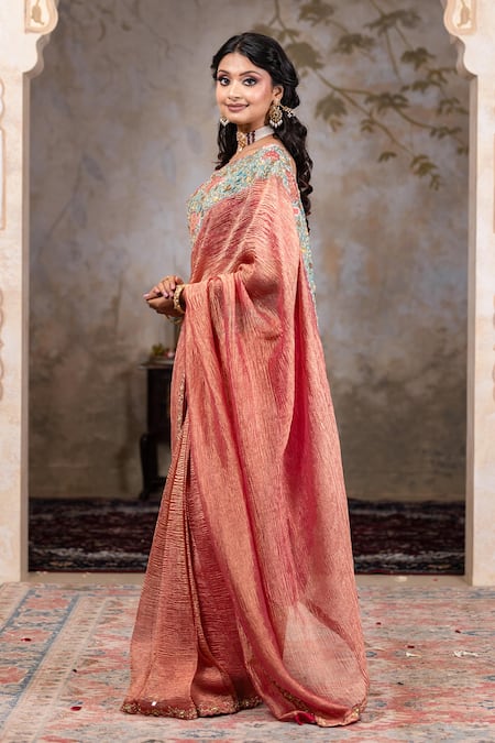 Nidhi Kejriwal Peach Brocade, Crepe Zari, Sequins Polo Textured Zardozi Embroidered Saree Set Online at Aza Fashions Nidhi Kejriwal_Peach Brocade, Crepe Zari, Sequins Polo Textured Zardozi Embroidered Saree Set _Online_at_Aza_Fashions