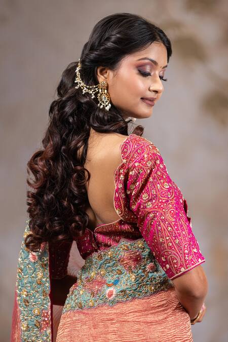 Buy Nidhi Kejriwal Peach Brocade, Crepe Zari, Sequins Polo Textured Zardozi Embroidered Saree Set Online at Aza Fashions Buy_Nidhi Kejriwal_Peach Brocade, Crepe Zari, Sequins Polo Textured Zardozi Embroidered Saree Set _Online_at_Aza_Fashions