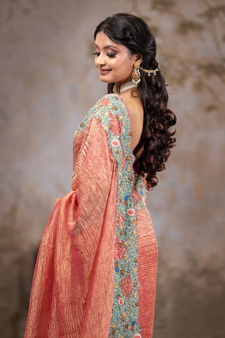 Shop Nidhi Kejriwal Peach Brocade, Crepe Zari, Sequins Polo Textured Zardozi Embroidered Saree Set Online at Aza Fashions Shop_Nidhi Kejriwal_Peach Brocade, Crepe Zari, Sequins Polo Textured Zardozi Embroidered Saree Set _Online_at_Aza_Fashions