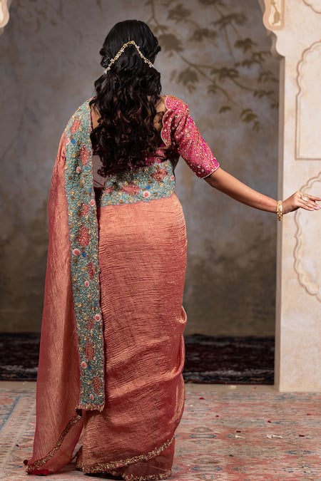 Shop Nidhi Kejriwal Peach Brocade, Crepe Zari, Sequins Polo Textured Zardozi Embroidered Saree Set at Aza Fashions Shop_Nidhi Kejriwal_Peach Brocade, Crepe Zari, Sequins Polo Textured Zardozi Embroidered Saree Set _at_Aza_Fashions