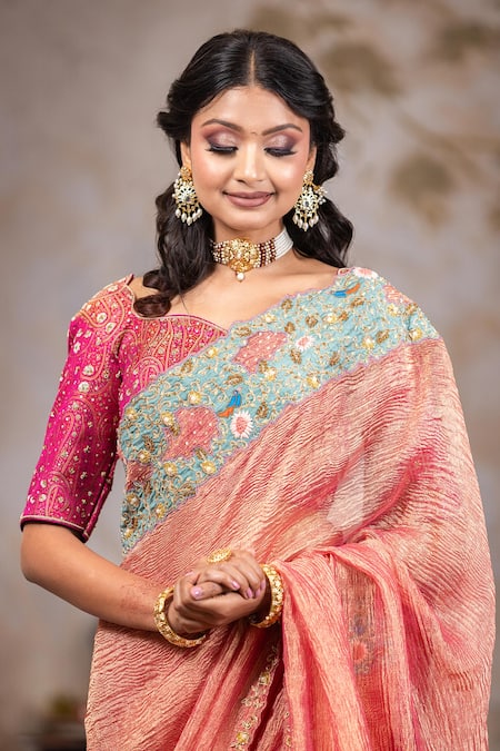 Nidhi Kejriwal Peach Brocade, Crepe Zari, Sequins Polo Textured Zardozi Embroidered Saree Set at Aza Fashions Nidhi Kejriwal_Peach Brocade, Crepe Zari, Sequins Polo Textured Zardozi Embroidered Saree Set _at_Aza_Fashions