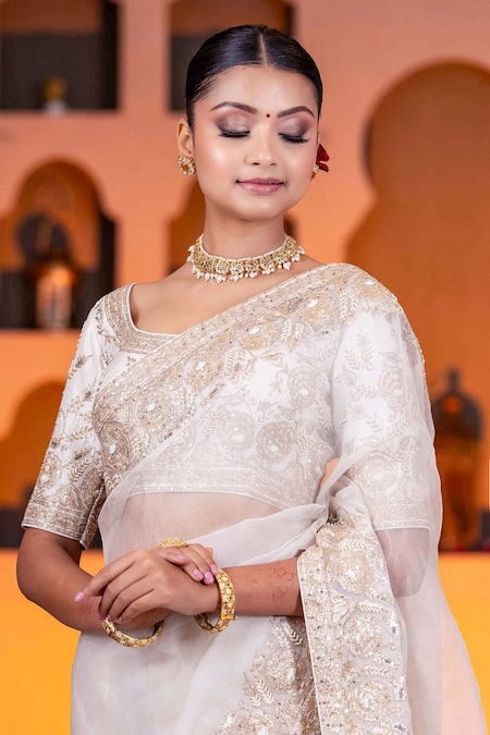Nidhi Kejriwal Off White Silk, Organza Pearl, Floral Embroidered Border Saree With Blouse Online at Aza Fashions Nidhi Kejriwal_Off White Silk, Organza Pearl, Floral Embroidered Border Saree With Blouse _Online_at_Aza_Fashions