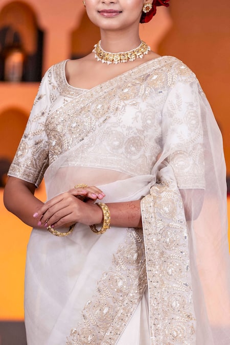 Buy Nidhi Kejriwal Off White Silk, Organza Pearl, Floral Embroidered Border Saree With Blouse Online at Aza Fashions Buy_Nidhi Kejriwal_Off White Silk, Organza Pearl, Floral Embroidered Border Saree With Blouse _Online_at_Aza_Fashions