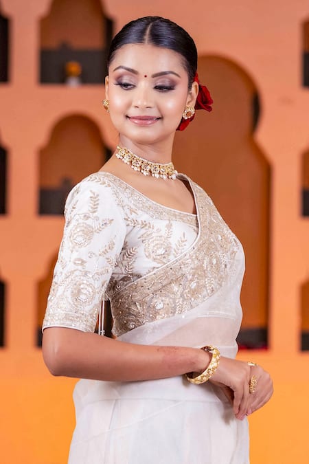 Shop Nidhi Kejriwal Off White Silk, Organza Pearl, Floral Embroidered Border Saree With Blouse Online at Aza Fashions Shop_Nidhi Kejriwal_Off White Silk, Organza Pearl, Floral Embroidered Border Saree With Blouse _Online_at_Aza_Fashions