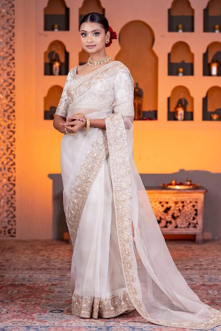 Nidhi Kejriwal Off White Silk, Organza Pearl, Floral Embroidered Border Saree With Blouse at Aza Fashions Nidhi Kejriwal_Off White Silk, Organza Pearl, Floral Embroidered Border Saree With Blouse _at_Aza_Fashions