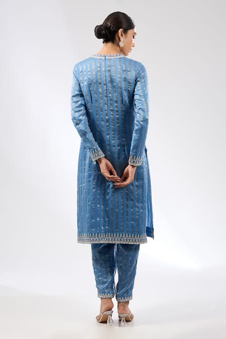 Shop Priyal Prakash Blue Chanderi, Silk Organza Gota Patti, Zari Round Neck Embroidered Kurta Set at Aza Fashions Shop_Priyal Prakash_Blue Chanderi, Silk Organza Gota Patti, Zari Round Neck Embroidered Kurta Set _at_Aza_Fashions