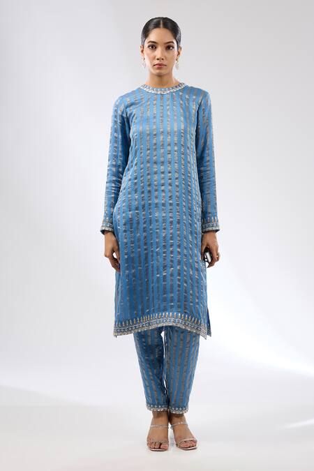 Buy Priyal Prakash Blue Chanderi, Silk Organza Gota Patti, Zari Round Neck Embroidered Kurta Set Online at Aza Fashions Buy_Priyal Prakash_Blue Chanderi, Silk Organza Gota Patti, Zari Round Neck Embroidered Kurta Set _Online_at_Aza_Fashions
