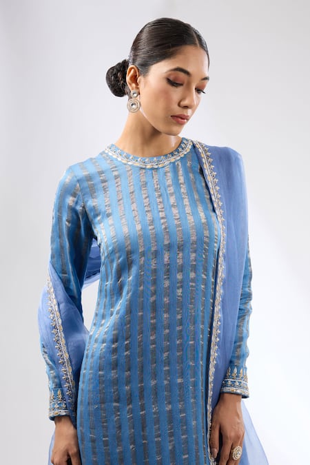 Shop Priyal Prakash Blue Chanderi, Silk Organza Gota Patti, Zari Round Neck Embroidered Kurta Set Online at Aza Fashions Shop_Priyal Prakash_Blue Chanderi, Silk Organza Gota Patti, Zari Round Neck Embroidered Kurta Set _Online_at_Aza_Fashions