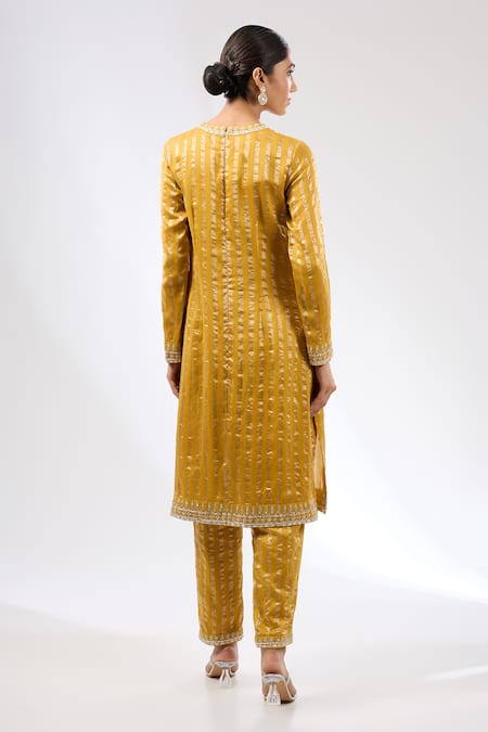 Shop Priyal Prakash Yellow Chanderi, Silk Organza Gota Patti, Zari And Stripe Embroidered Kurta Set at Aza Fashions Shop_Priyal Prakash_Yellow Chanderi, Silk Organza Gota Patti, Zari And Stripe Embroidered Kurta Set _at_Aza_Fashions
