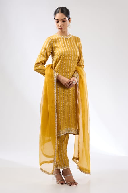 Priyal Prakash Yellow Chanderi, Silk Organza Gota Patti, Zari And Stripe Embroidered Kurta Set Online at Aza Fashions Priyal Prakash_Yellow Chanderi, Silk Organza Gota Patti, Zari And Stripe Embroidered Kurta Set _Online_at_Aza_Fashions