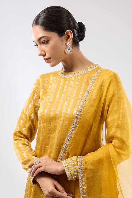 Buy Priyal Prakash Yellow Chanderi, Silk Organza Gota Patti, Zari And Stripe Embroidered Kurta Set Online at Aza Fashions Buy_Priyal Prakash_Yellow Chanderi, Silk Organza Gota Patti, Zari And Stripe Embroidered Kurta Set _Online_at_Aza_Fashions