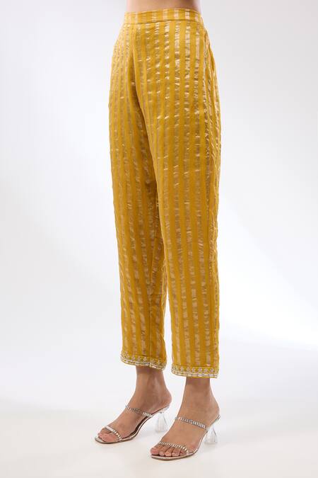 Shop Priyal Prakash Yellow Chanderi, Silk Organza Gota Patti, Zari And Stripe Embroidered Kurta Set Online at Aza Fashions Shop_Priyal Prakash_Yellow Chanderi, Silk Organza Gota Patti, Zari And Stripe Embroidered Kurta Set _Online_at_Aza_Fashions