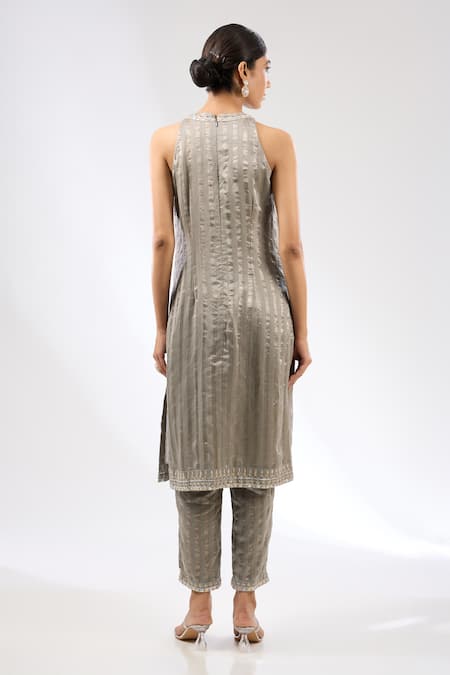 Shop Priyal Prakash Grey Dupatta Silk Organza, Kurta And Pant Chanderi & Stripe Embroidered Set at Aza Fashions Shop_Priyal Prakash_Grey Dupatta Silk Organza, Kurta And Pant Chanderi & Stripe Embroidered Set _at_Aza_Fashions