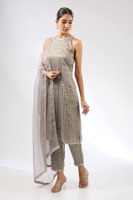 Priyal Prakash Grey Dupatta Silk Organza, Kurta And Pant Chanderi & Stripe Embroidered Set Online at Aza Fashions Priyal Prakash_Grey Dupatta Silk Organza, Kurta And Pant Chanderi & Stripe Embroidered Set _Online_at_Aza_Fashions