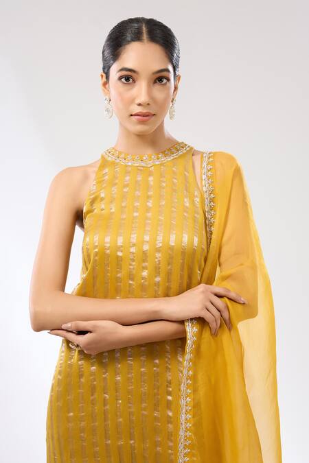 Priyal Prakash Yellow Dupatta Silk Organza, Kurta And Pant Chanderi Gota & Stripe Work Set Online at Aza Fashions Priyal Prakash_Yellow Dupatta Silk Organza, Kurta And Pant Chanderi Gota & Stripe Work Set _Online_at_Aza_Fashions