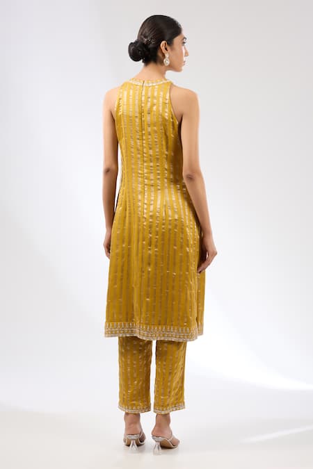 Shop Priyal Prakash Yellow Dupatta Silk Organza, Kurta And Pant Chanderi Gota & Stripe Work Set at Aza Fashions Shop_Priyal Prakash_Yellow Dupatta Silk Organza, Kurta And Pant Chanderi Gota & Stripe Work Set _at_Aza_Fashions