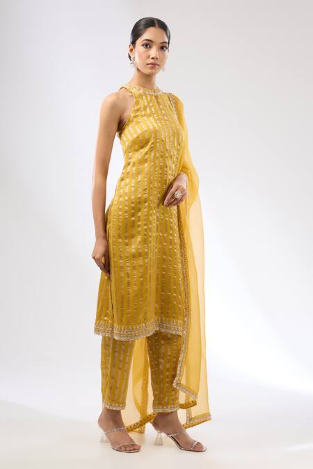Shop Priyal Prakash Yellow Dupatta Silk Organza, Kurta And Pant Chanderi Gota & Stripe Work Set Online at Aza Fashions Shop_Priyal Prakash_Yellow Dupatta Silk Organza, Kurta And Pant Chanderi Gota & Stripe Work Set _Online_at_Aza_Fashions