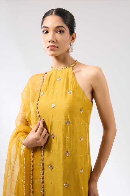 Shop Priyal Prakash Yellow Dupatta Silk Organza, Kurta Chanderi, Pant And Motif Embroidered Set Online at Aza Fashions Shop_Priyal Prakash_Yellow Dupatta Silk Organza, Kurta Chanderi, Pant And Motif Embroidered Set _Online_at_Aza_Fashions