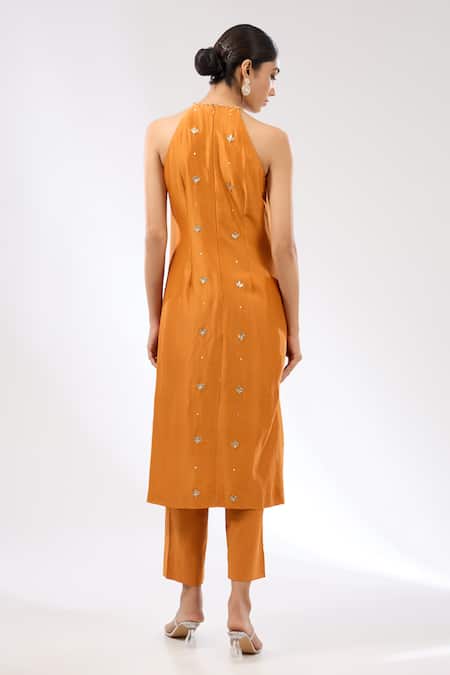 Shop Priyal Prakash Orange Chanderi, Cotton, Silk Organza Embroidery, Zari Gota Patti Kurta Pant Set at Aza Fashions Shop_Priyal Prakash_Orange Chanderi, Cotton, Silk Organza Embroidery, Zari Gota Patti Kurta Pant Set _at_Aza_Fashions