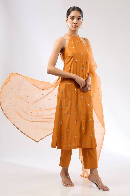 Buy Priyal Prakash Orange Chanderi, Cotton, Silk Organza Embroidery, Zari Gota Patti Kurta Pant Set Online at Aza Fashions Buy_Priyal Prakash_Orange Chanderi, Cotton, Silk Organza Embroidery, Zari Gota Patti Kurta Pant Set _Online_at_Aza_Fashions