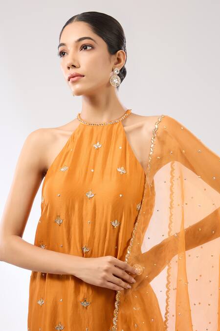 Shop Priyal Prakash Orange Chanderi, Cotton, Silk Organza Embroidery, Zari Gota Patti Kurta Pant Set Online at Aza Fashions Shop_Priyal Prakash_Orange Chanderi, Cotton, Silk Organza Embroidery, Zari Gota Patti Kurta Pant Set _Online_at_Aza_Fashions