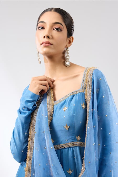 Buy_Priyal Prakash_Blue Chanderi, Cotton, Silk Organza Gota Patti, Embroidered Anarkali Set _Online_at_Aza_Fashions