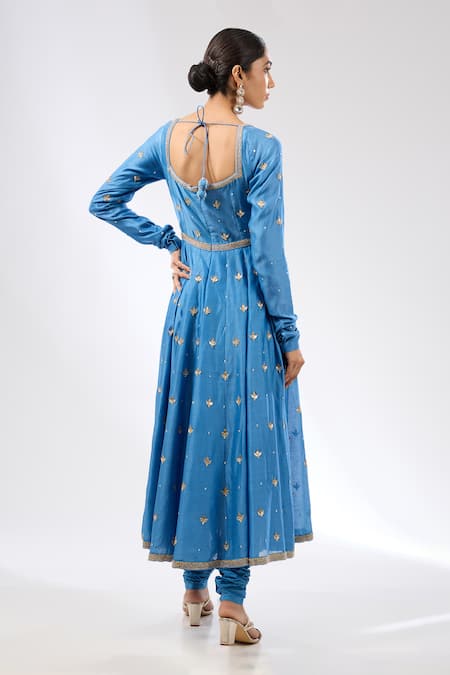 Shop_Priyal Prakash_Blue Chanderi, Cotton, Silk Organza Gota Patti, Embroidered Anarkali Set _at_Aza_Fashions