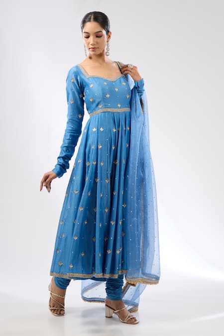 Shop_Priyal Prakash_Blue Chanderi, Cotton, Silk Organza Gota Patti, Embroidered Anarkali Set _Online_at_Aza_Fashions
