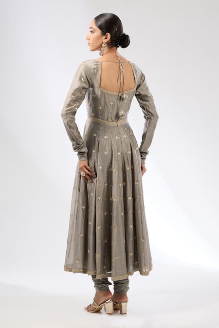 Shop Priyal Prakash Gray Chanderi, Cotton, Silk Organza Gota Patti, Embroidered Anarkali Set at Aza Fashions Shop_Priyal Prakash_Gray Chanderi, Cotton, Silk Organza Gota Patti, Embroidered Anarkali Set _at_Aza_Fashions