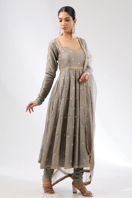 Buy Priyal Prakash Gray Chanderi, Cotton, Silk Organza Gota Patti, Embroidered Anarkali Set Online at Aza Fashions Buy_Priyal Prakash_Gray Chanderi, Cotton, Silk Organza Gota Patti, Embroidered Anarkali Set _Online_at_Aza_Fashions
