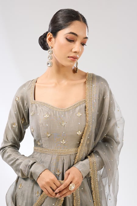 Shop Priyal Prakash Gray Chanderi, Cotton, Silk Organza Gota Patti, Embroidered Anarkali Set Online at Aza Fashions Shop_Priyal Prakash_Gray Chanderi, Cotton, Silk Organza Gota Patti, Embroidered Anarkali Set _Online_at_Aza_Fashions