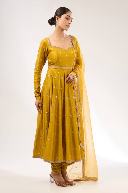 Shop Priyal Prakash Yellow Chanderi, Cotton, Silk Organza Gota Zardozi Embroidered Anarkali Set Online at Aza Fashions Shop_Priyal Prakash_Yellow Chanderi, Cotton, Silk Organza Gota Zardozi Embroidered Anarkali Set _Online_at_Aza_Fashions
