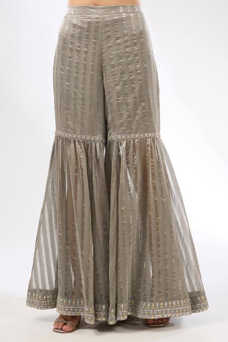 Priyal Prakash Grey Dupatta Silk Organza, And Gharara Chanderi, & Stripes Set Online at Aza Fashions Priyal Prakash_Grey Dupatta Silk Organza, And Gharara Chanderi, & Stripes Set _Online_at_Aza_Fashions